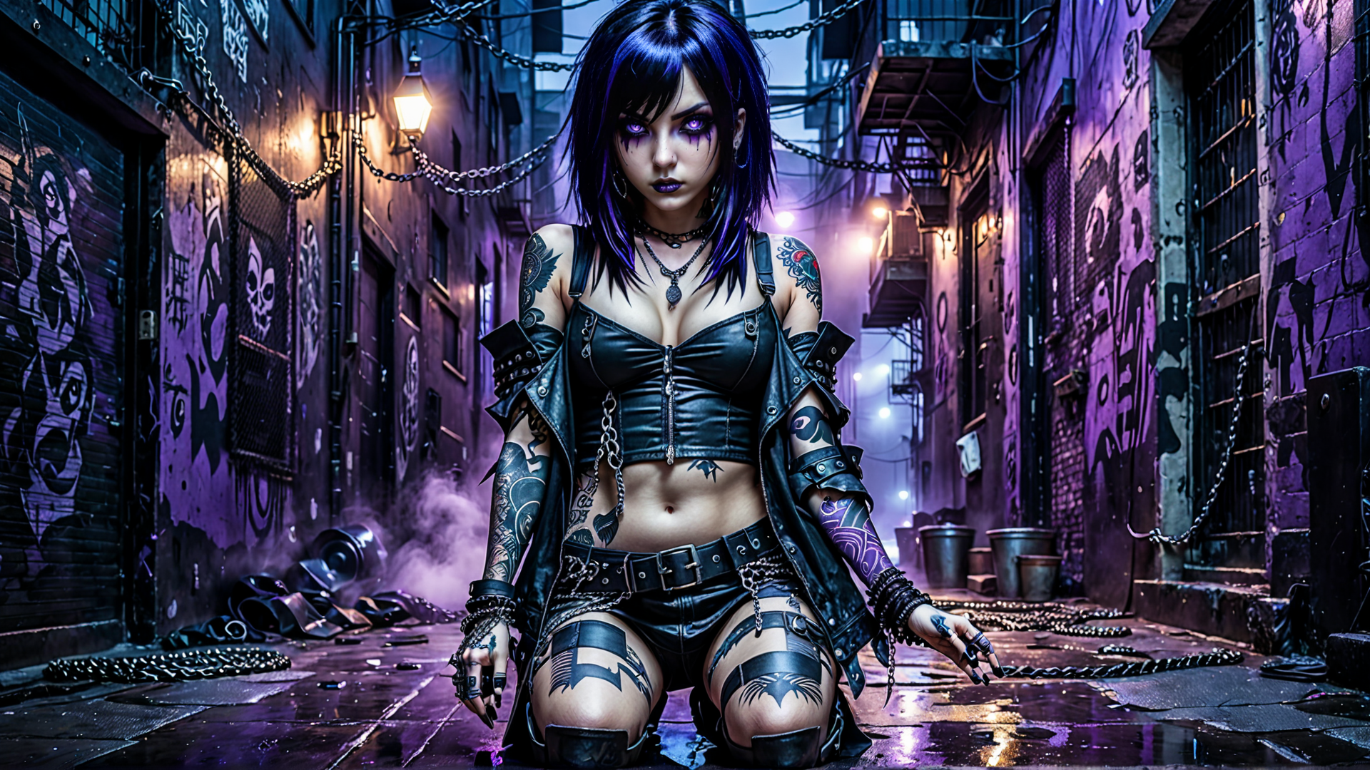 AI generated wallpaper featuring cyberpunk, woman, alley
