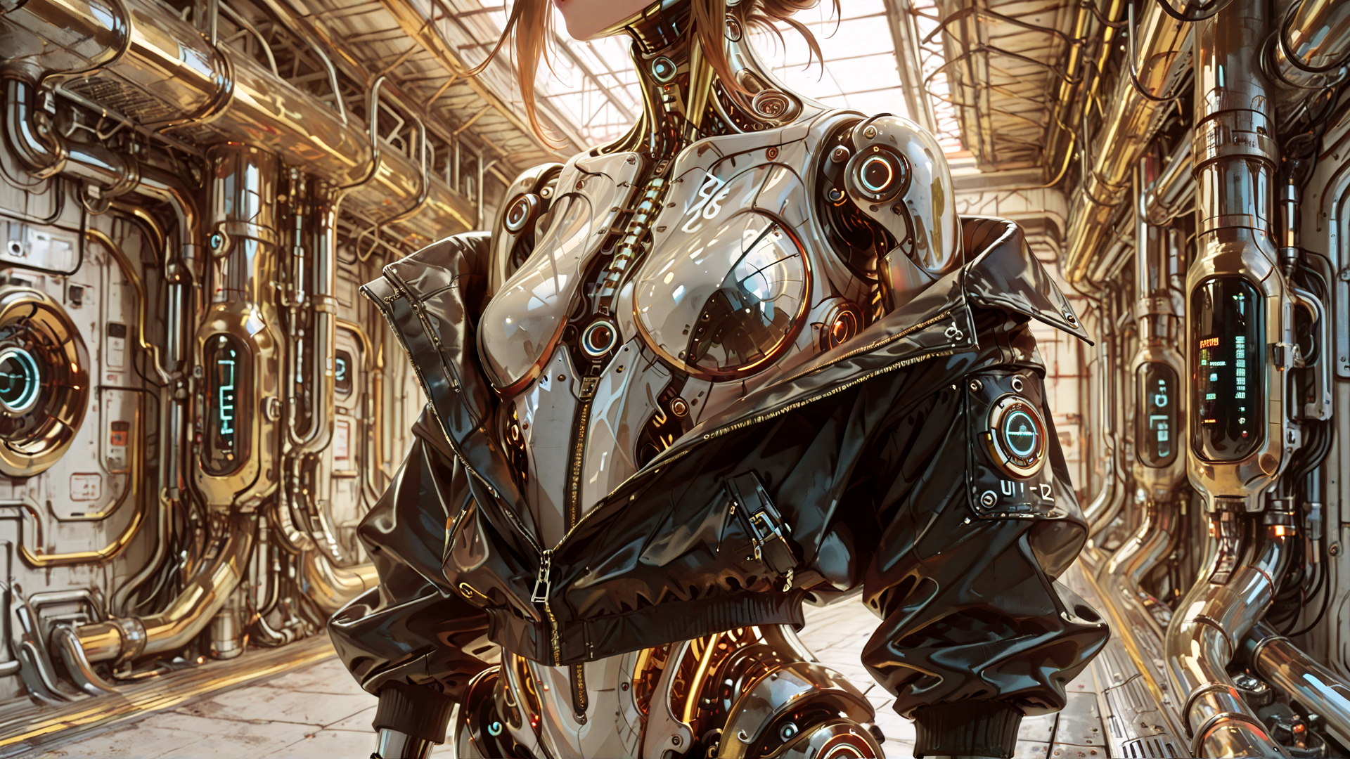 AI generated wallpaper featuring cyborg, robot, mechanical, jacket, industrial