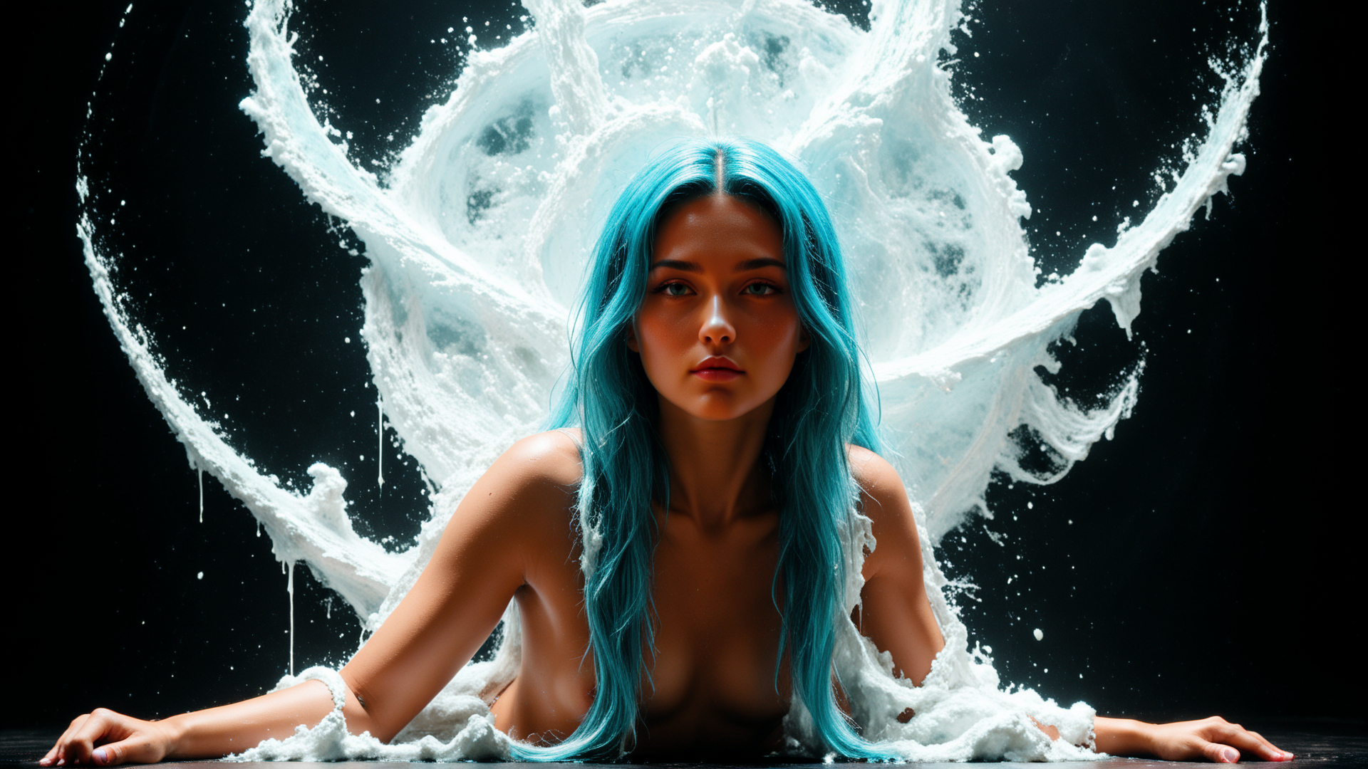 AI generated wallpaper featuring woman, water, swept, blue, hair, silk, liquid, splash, foam, art