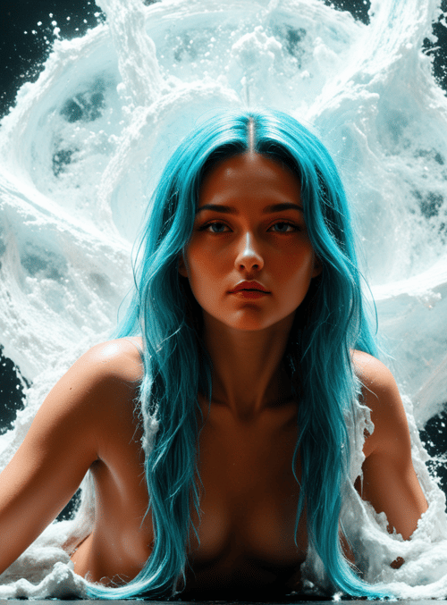 woman, water, swept, blue, hair, silk, liquid, splash, foam, art