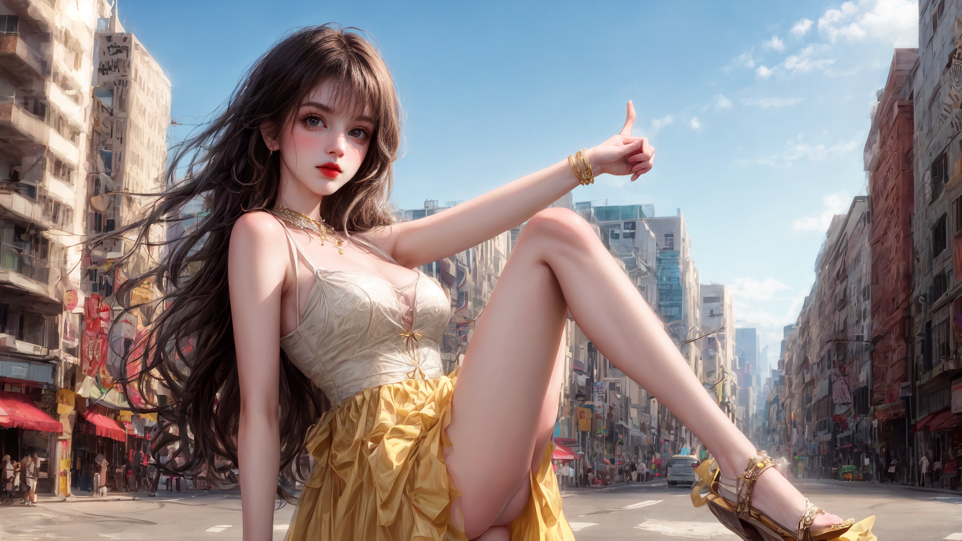 AI generated wallpaper featuring woman, city, street