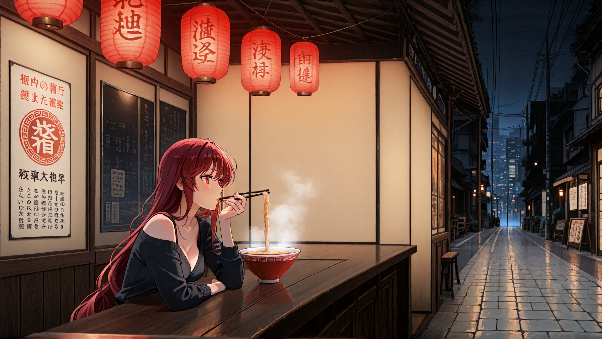 AI generated wallpaper featuring girl, noodle, lantern, street, restaurant