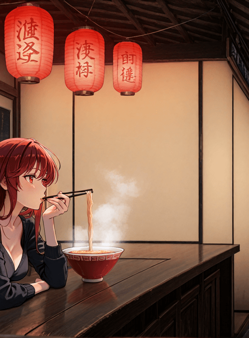 girl, noodle, lantern, street, restaurant