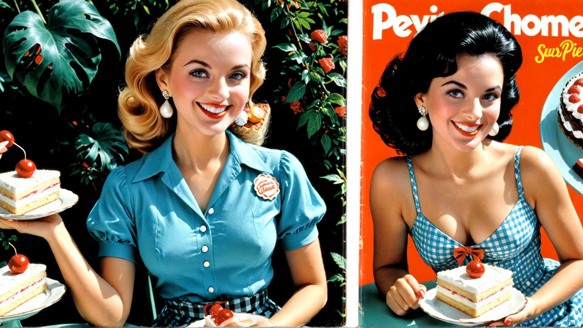 AI generated wallpaper featuring woman, cake, cherry, dress, magazine, plant, earring, baker, pie, button