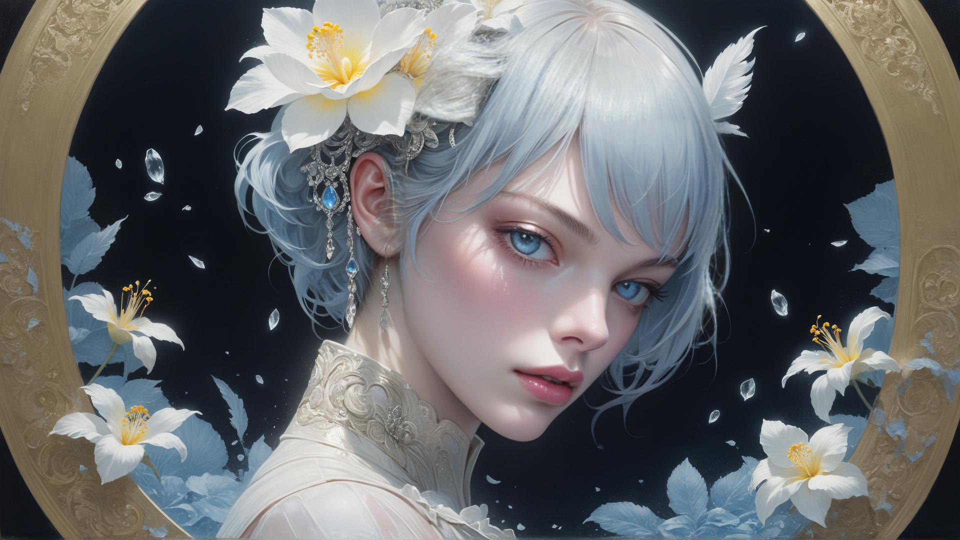 AI generated wallpaper featuring woman, flower, feather
