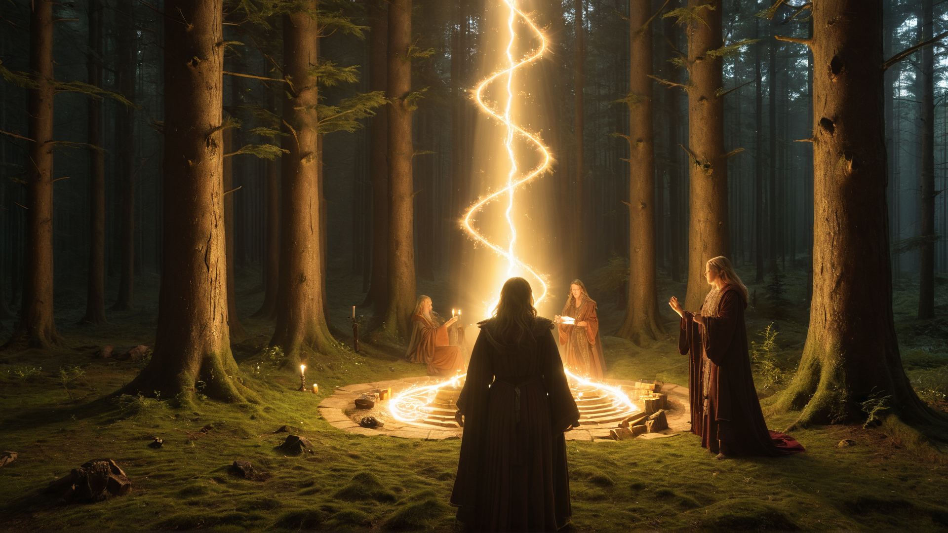AI generated wallpaper featuring magicians, forest, magic circle