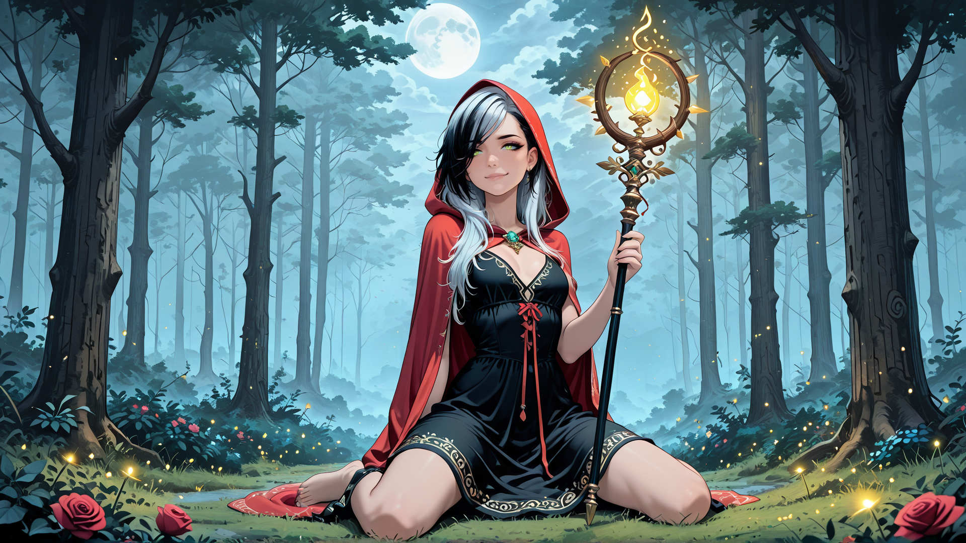 AI generated wallpaper featuring witch, forest, moon, candle, roses, trees, fairy, staff, cloak, woman