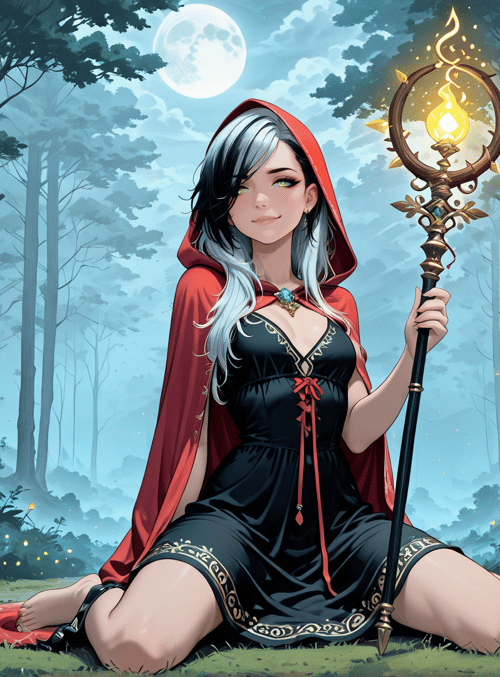 witch, forest, moon, candle, roses, trees, fairy, staff, cloak, woman