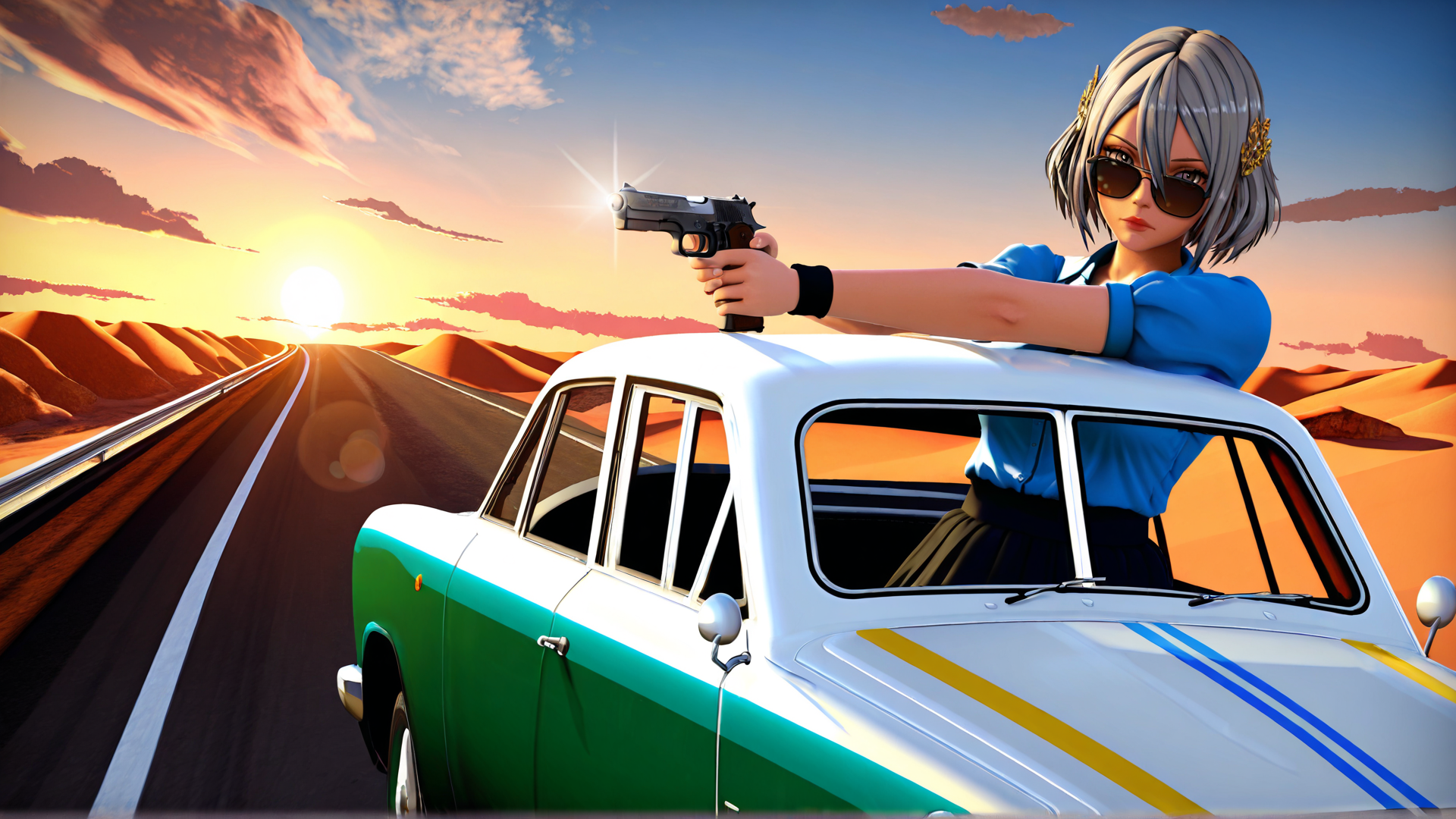 AI generated wallpaper featuring woman, car, gun, sunset, desert, road, sunglasses, hair, shirt, skirt