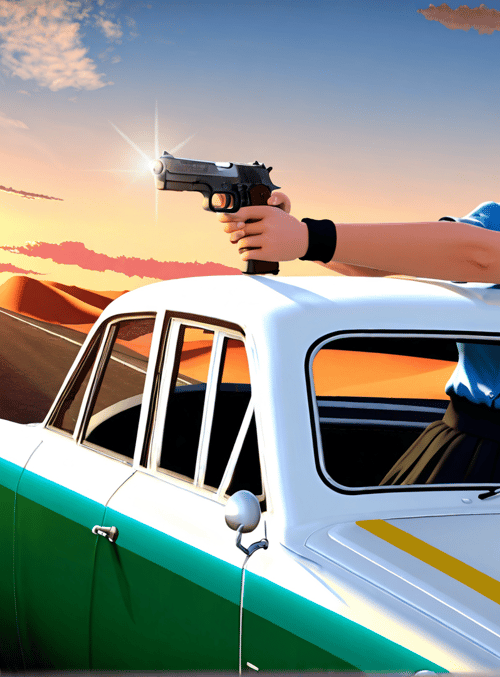 woman, car, gun, sunset, desert, road, sunglasses, hair, shirt, skirt