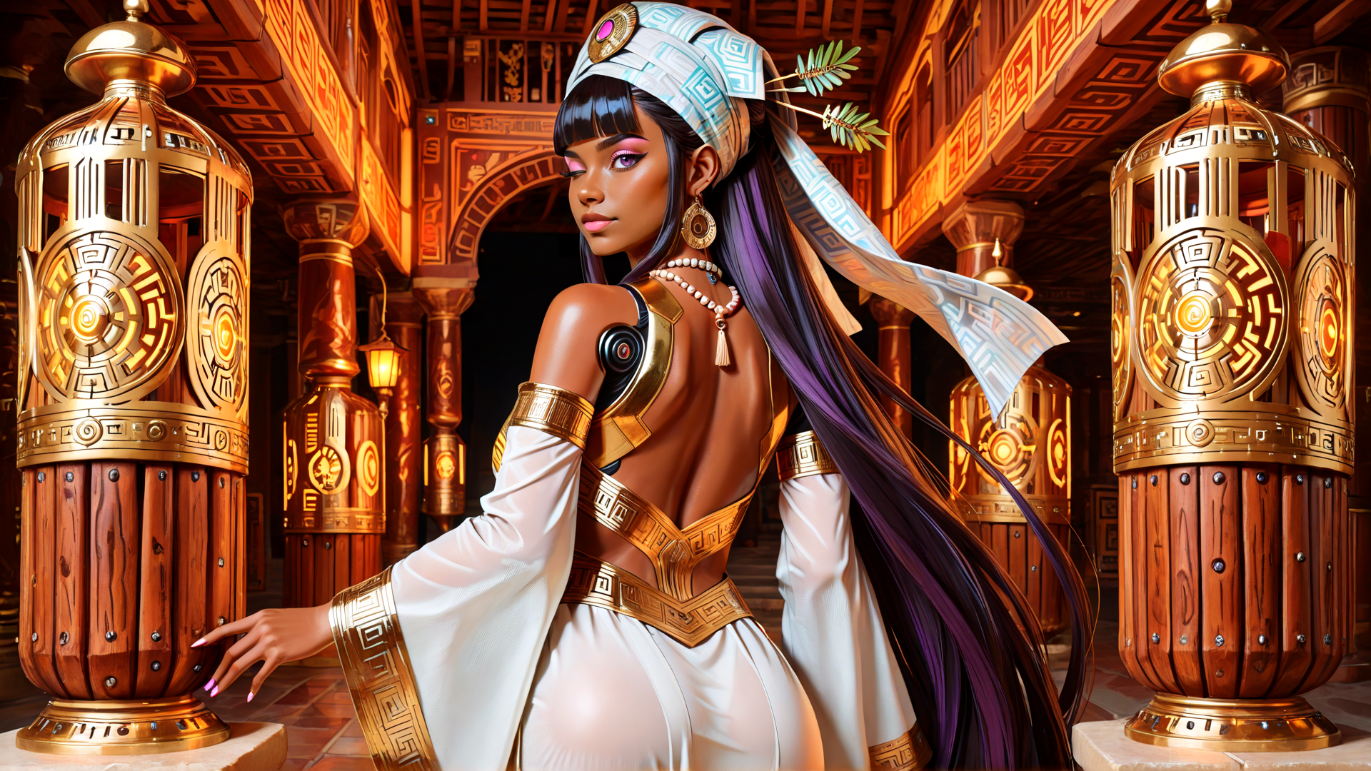 AI generated wallpaper featuring woman, ancient, tribal, fashion, lantern, architecture, headwrap, jewelry, dress, sleeve