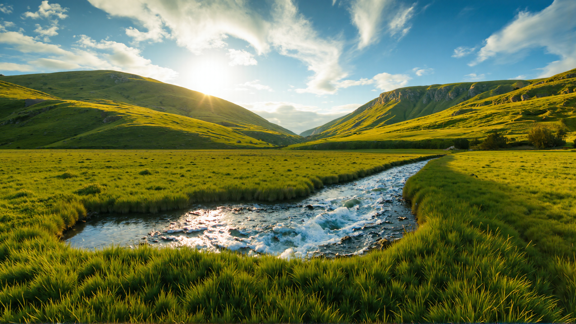 AI generated wallpaper featuring mountain, river, grassland, sun, sky, cloud