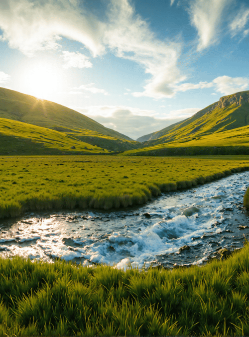 mountain, river, grassland, sun, sky, cloud