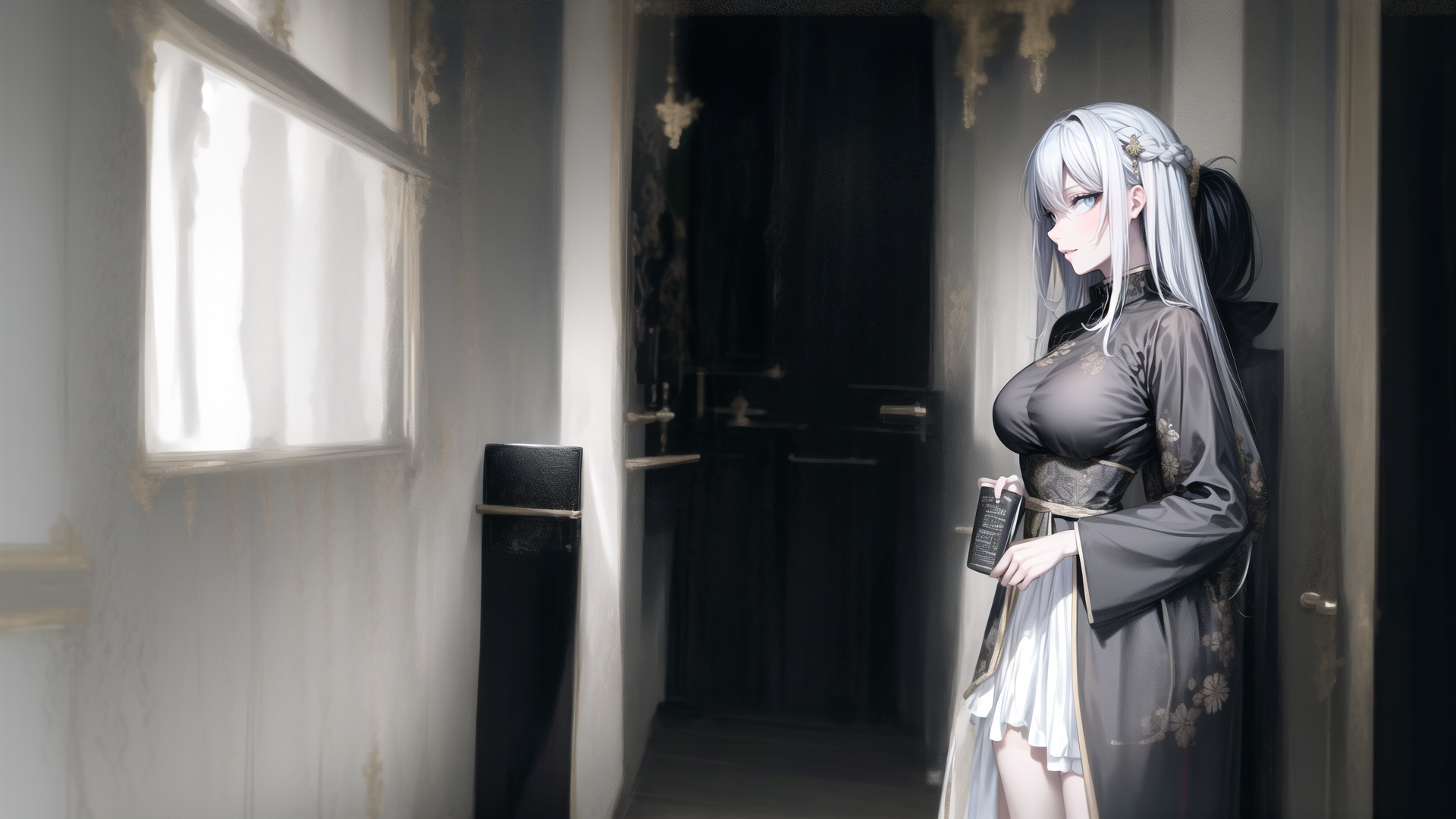 AI generated wallpaper featuring woman, anime, book