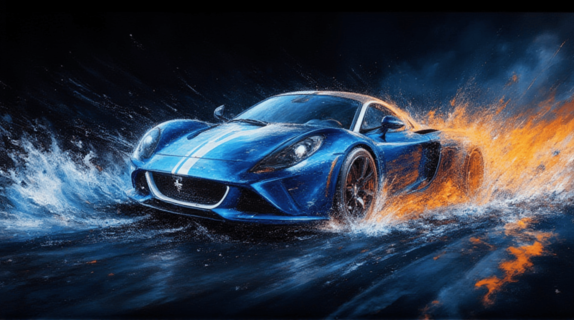 AI generated wallpaper featuring sports car, water, flames, road