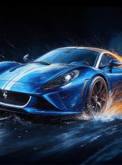 sports car, water, flames, road