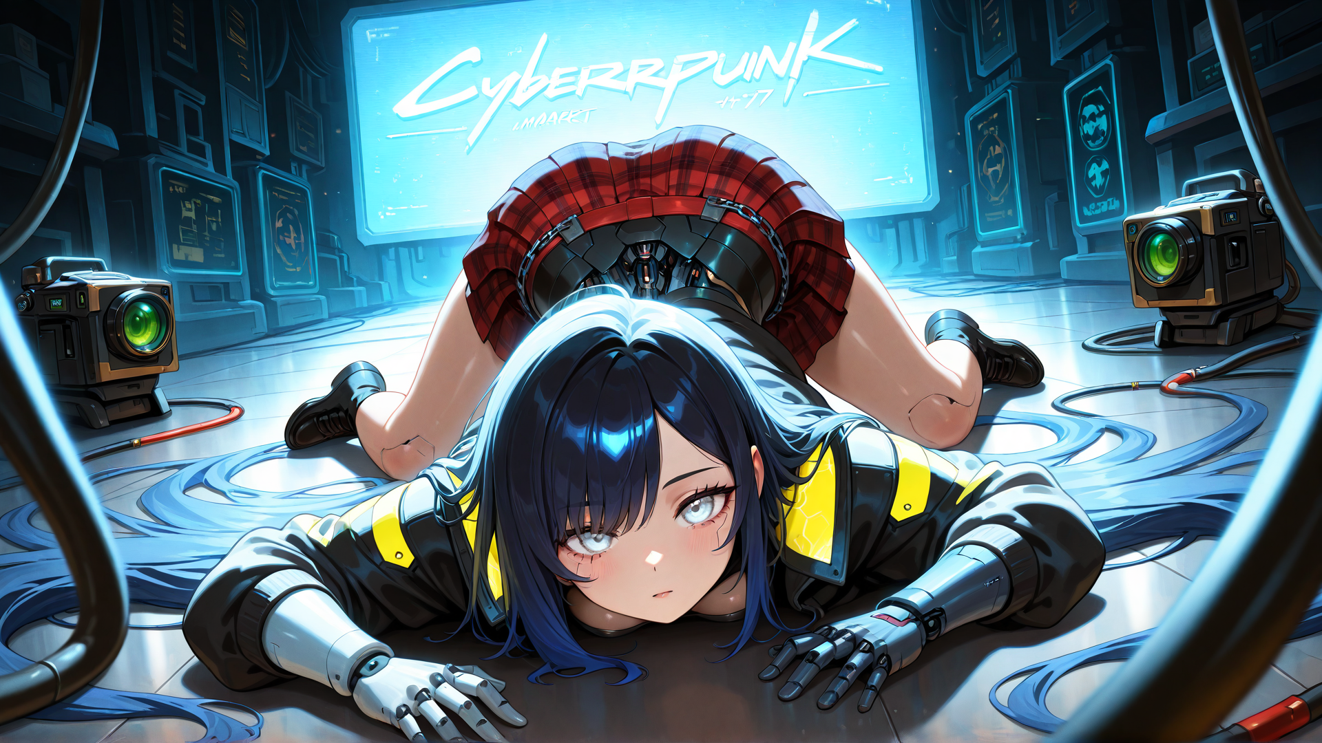 AI generated wallpaper featuring cyberpunk, girl, robot, camera, screen