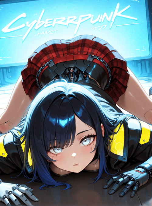 cyberpunk, girl, robot, camera, screen