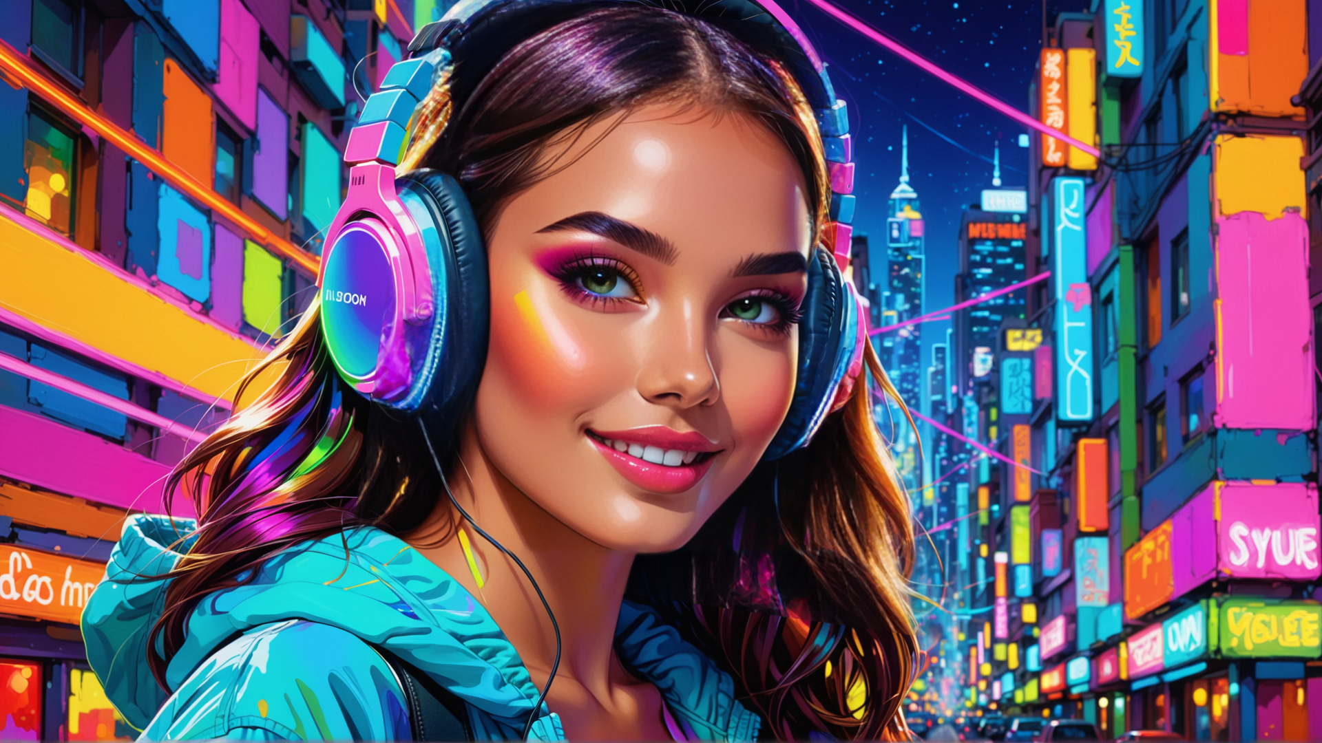 AI generated wallpaper featuring woman, headphones, city