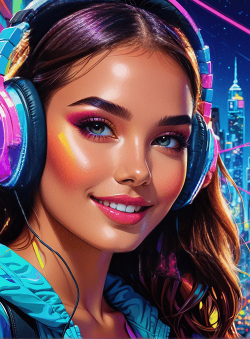 woman, headphones, city