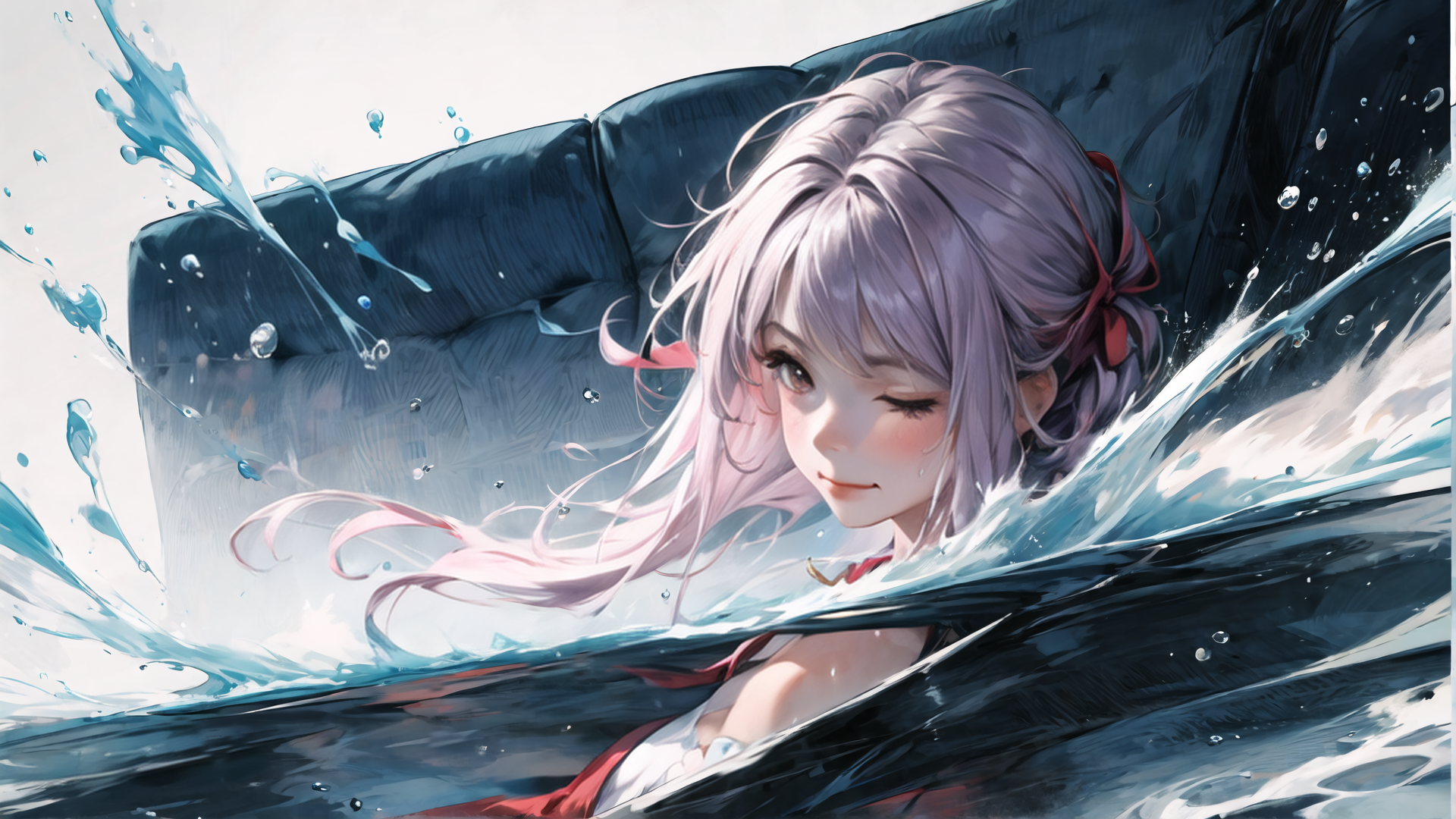 AI generated wallpaper featuring girl, water, sofa