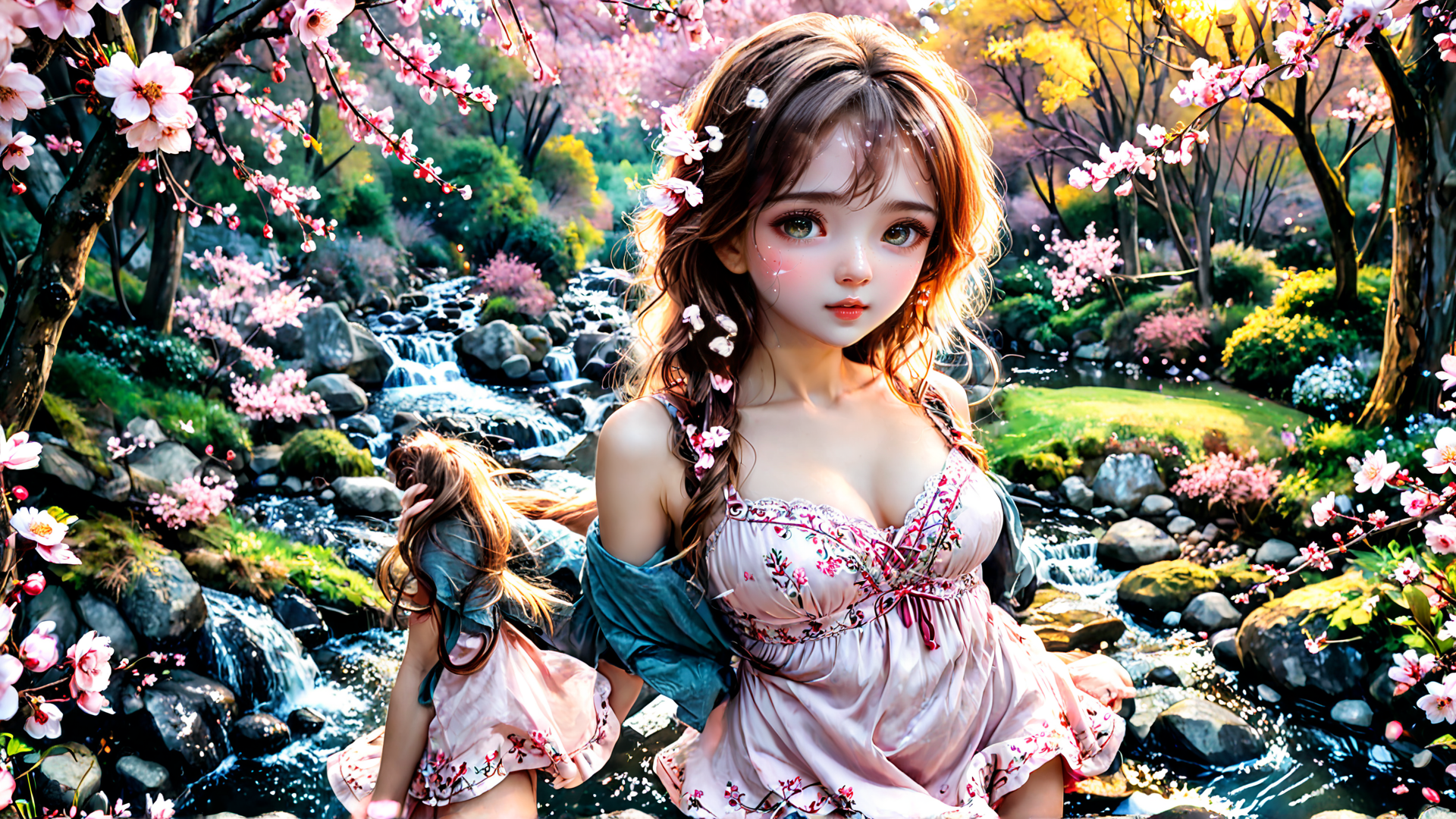 AI generated wallpaper featuring girl, nature, waterfall