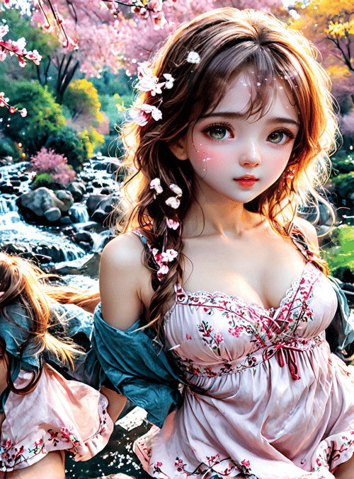 girl, nature, waterfall