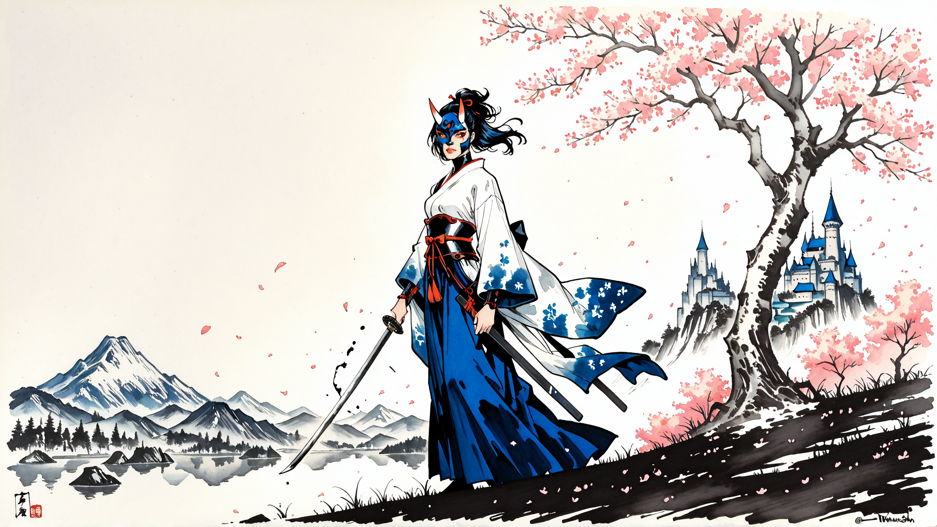 AI generated wallpaper featuring samurai, woman, sword, cherry tree, castle, mountain, kimono, mask, sakura, anime