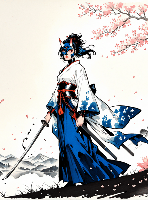 samurai, woman, sword, cherry tree, castle, mountain, kimono, mask, sakura, anime