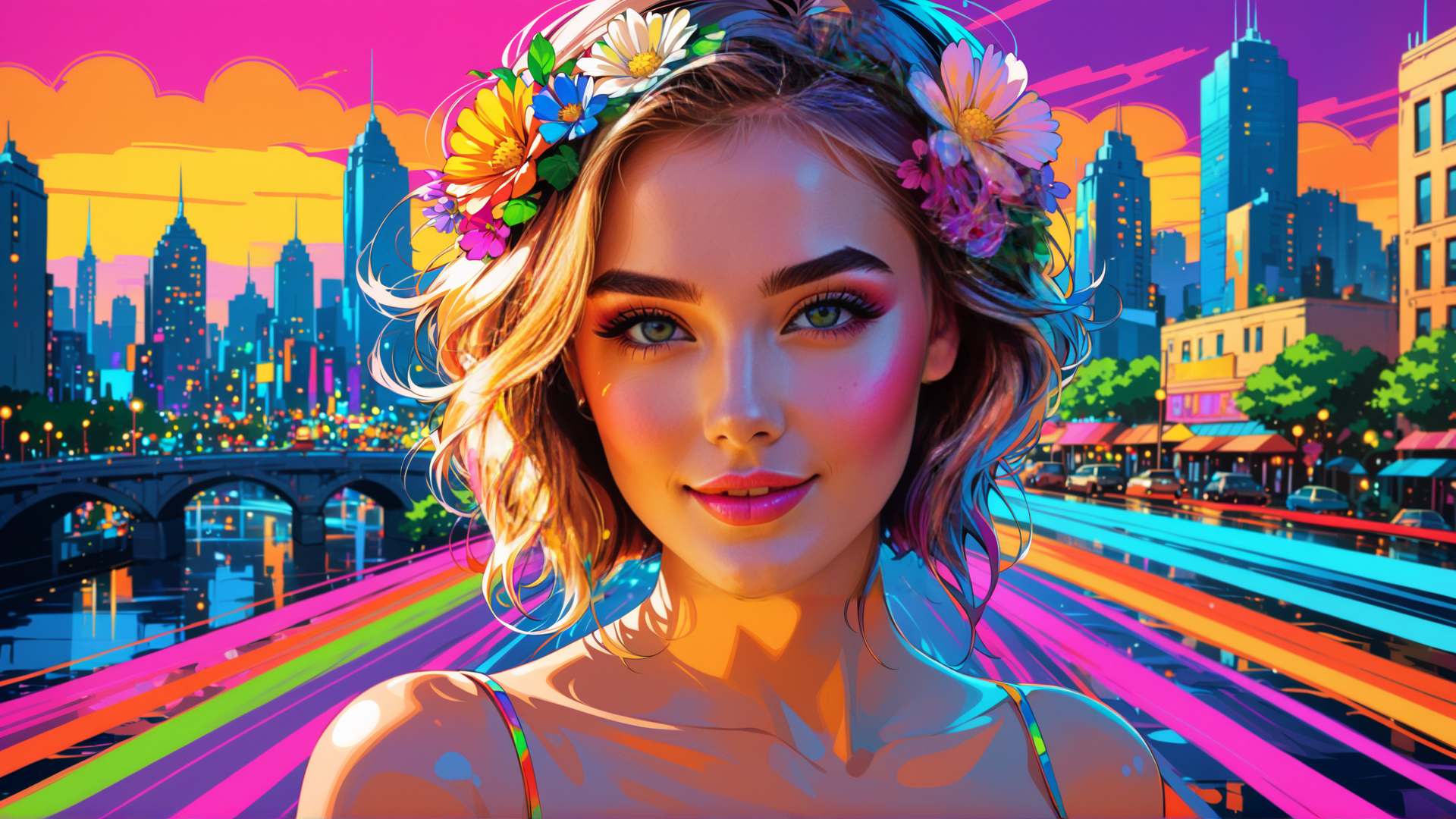 AI generated wallpaper featuring woman, cityscape, flowers