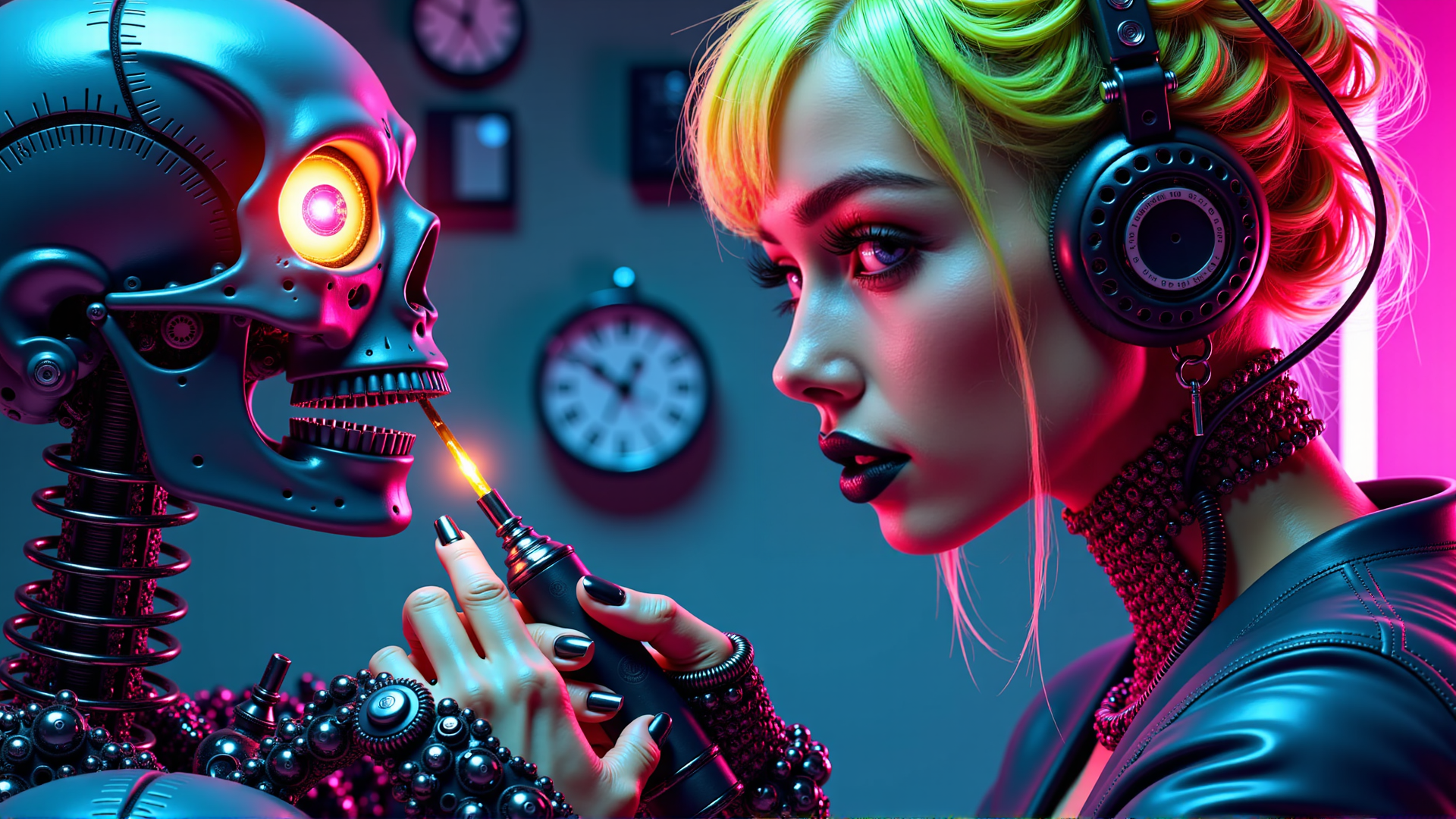 AI generated wallpaper featuring robot, woman, guitar