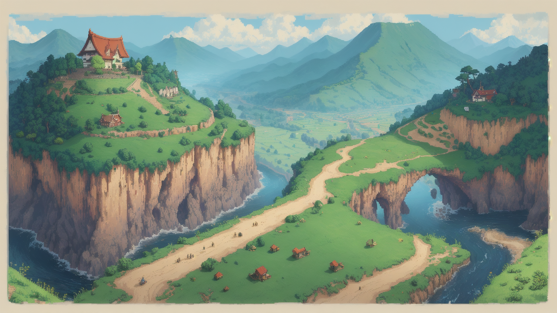 AI generated wallpaper featuring mountains, cliffs, village