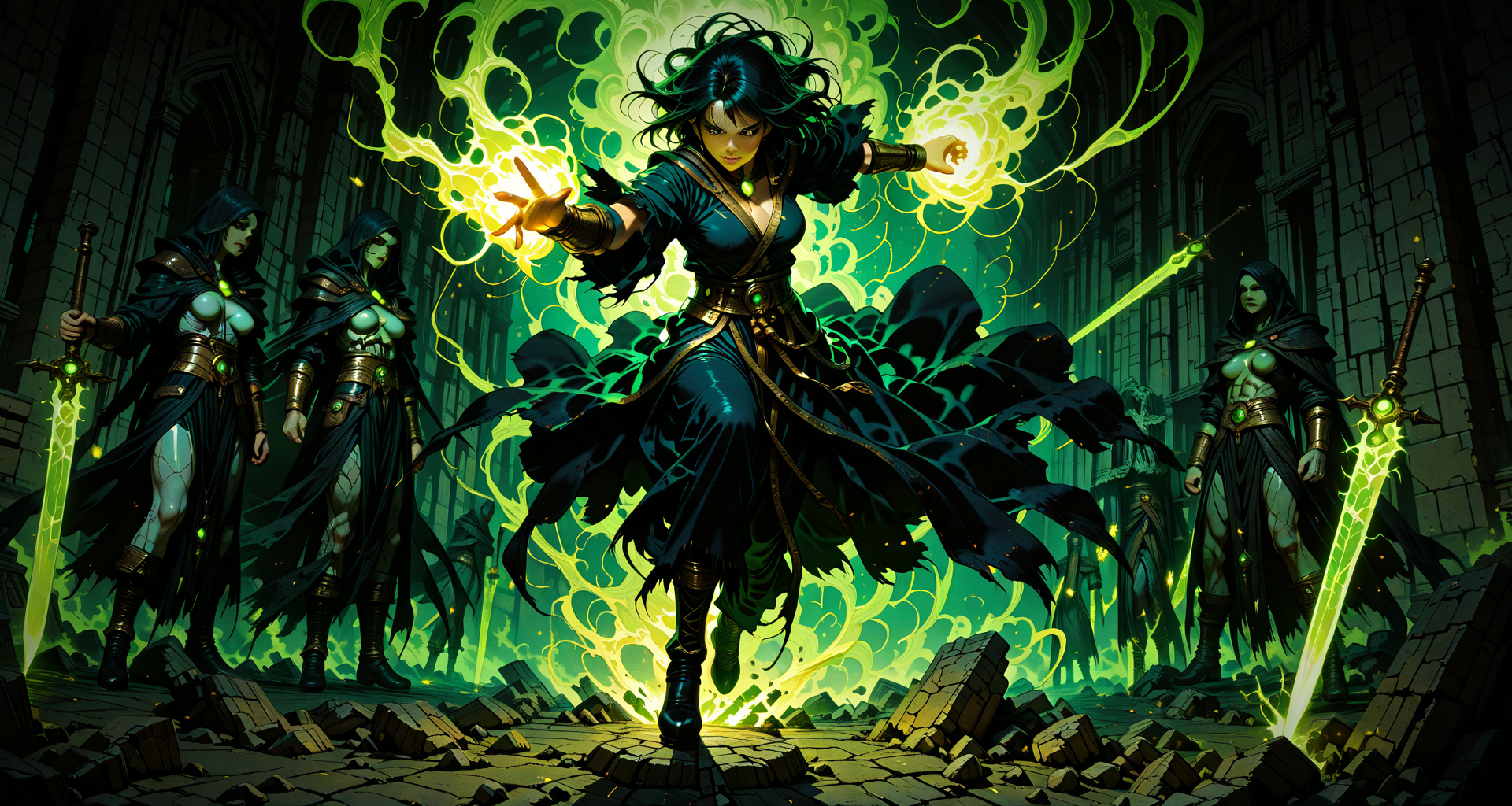 AI generated wallpaper featuring mage, warrior, sorceress