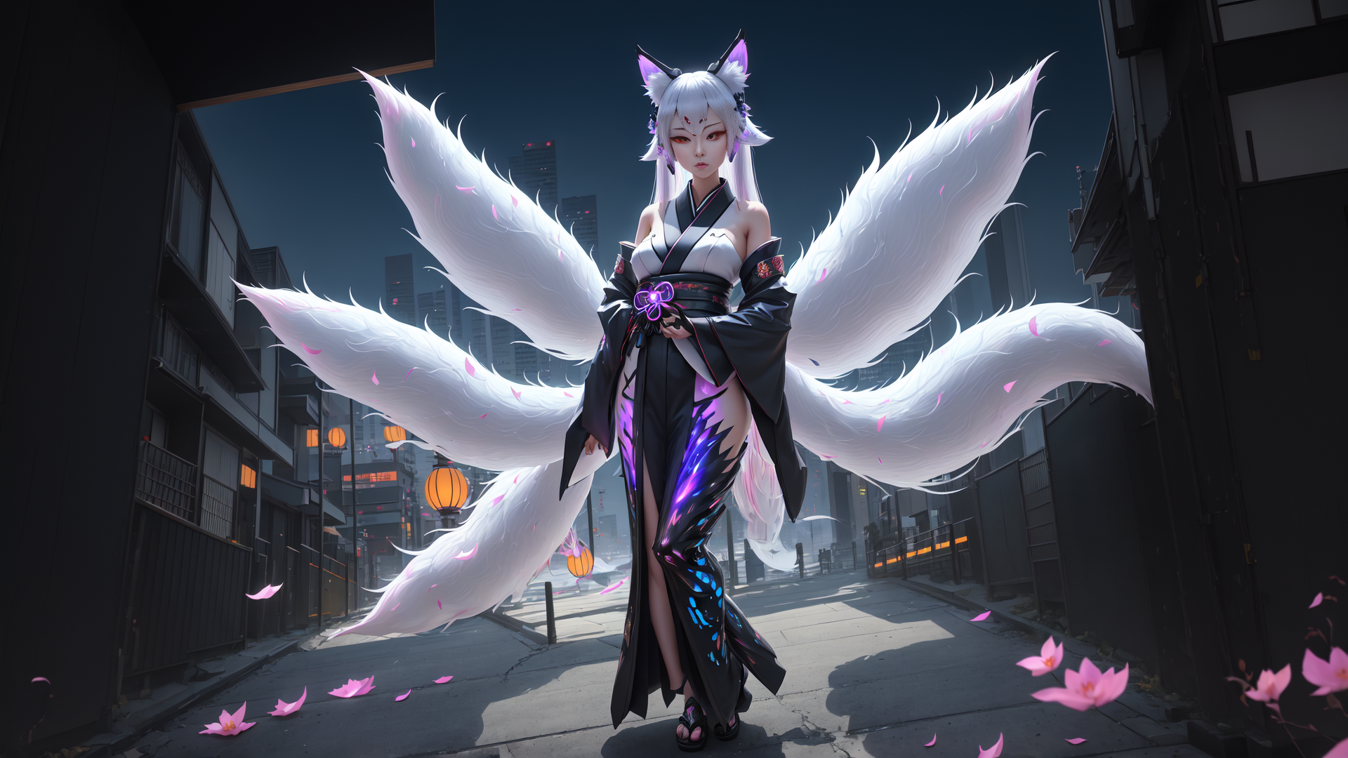 AI generated wallpaper featuring fox, femme, sakura