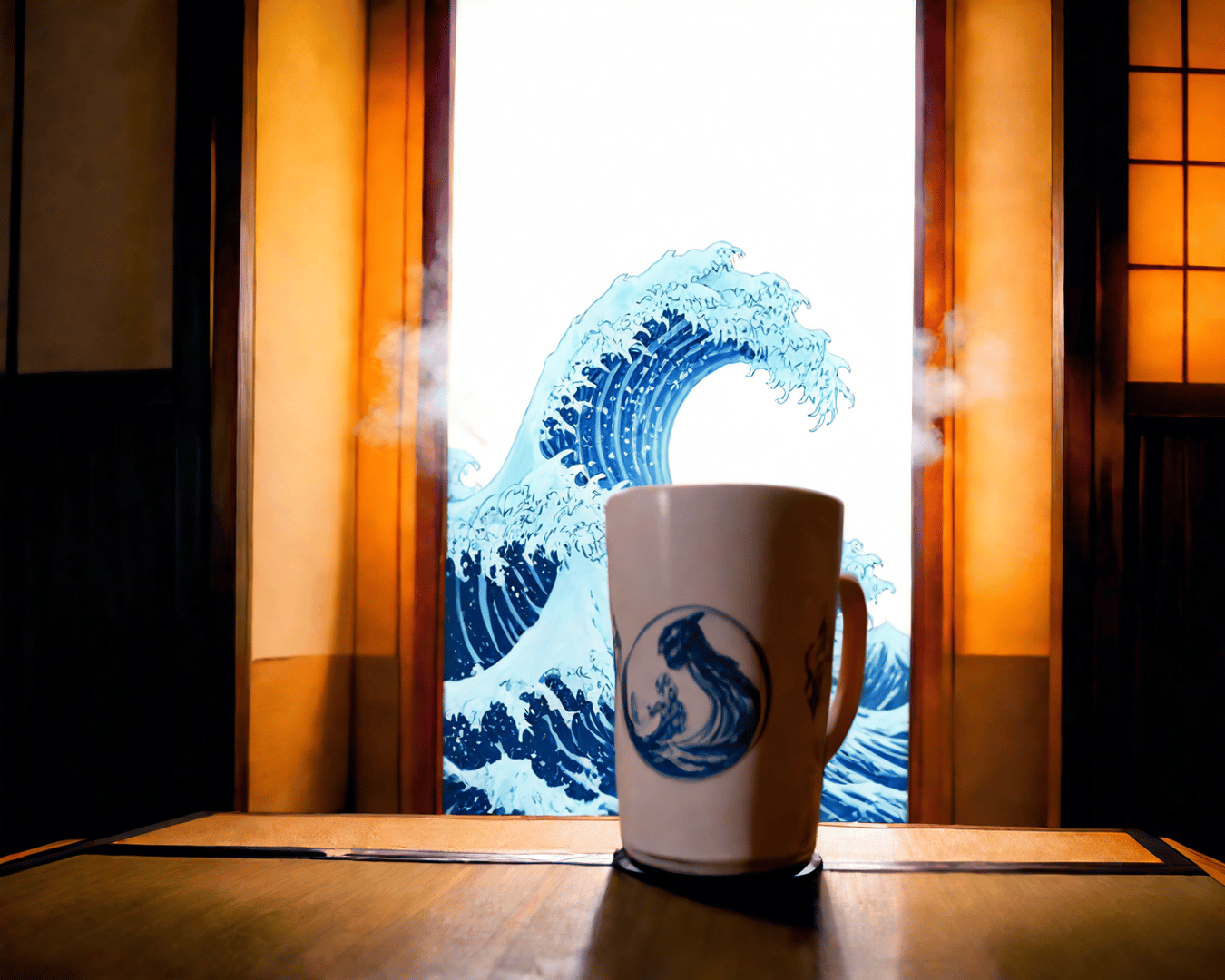 AI generated wallpaper featuring cup, wave, window