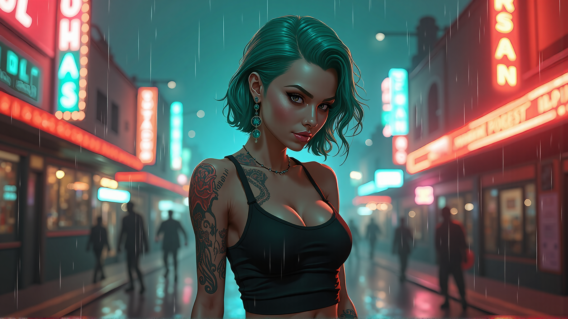 AI generated wallpaper featuring woman, tattoo, street, rain, neon, signs, city