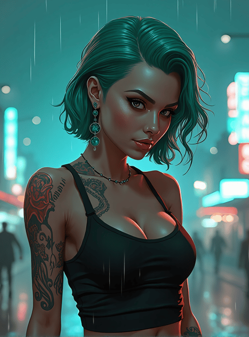 woman, tattoo, street, rain, neon, signs, city