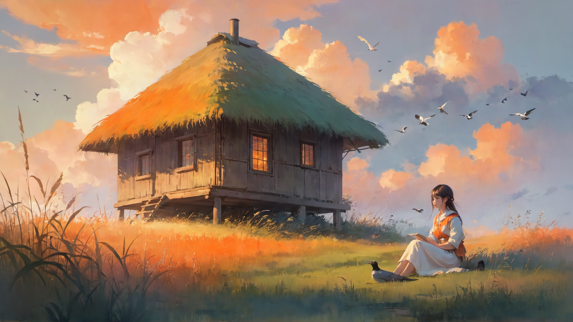 AI generated wallpaper featuring girl, thatched hut, birds