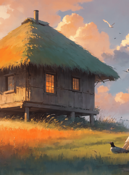 girl, thatched hut, birds