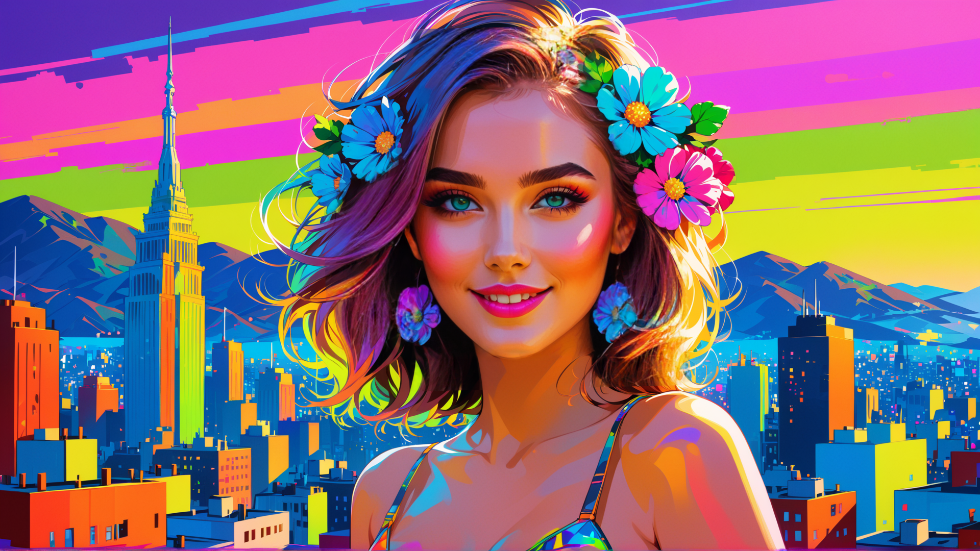 AI generated wallpaper featuring woman, cityscape, flowers