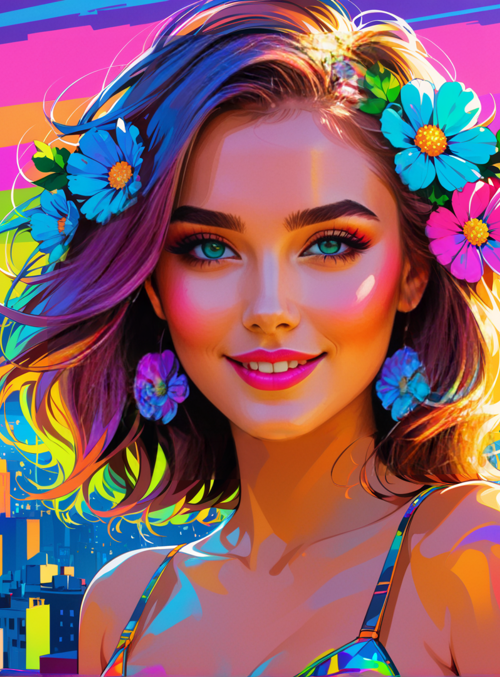 woman, cityscape, flowers