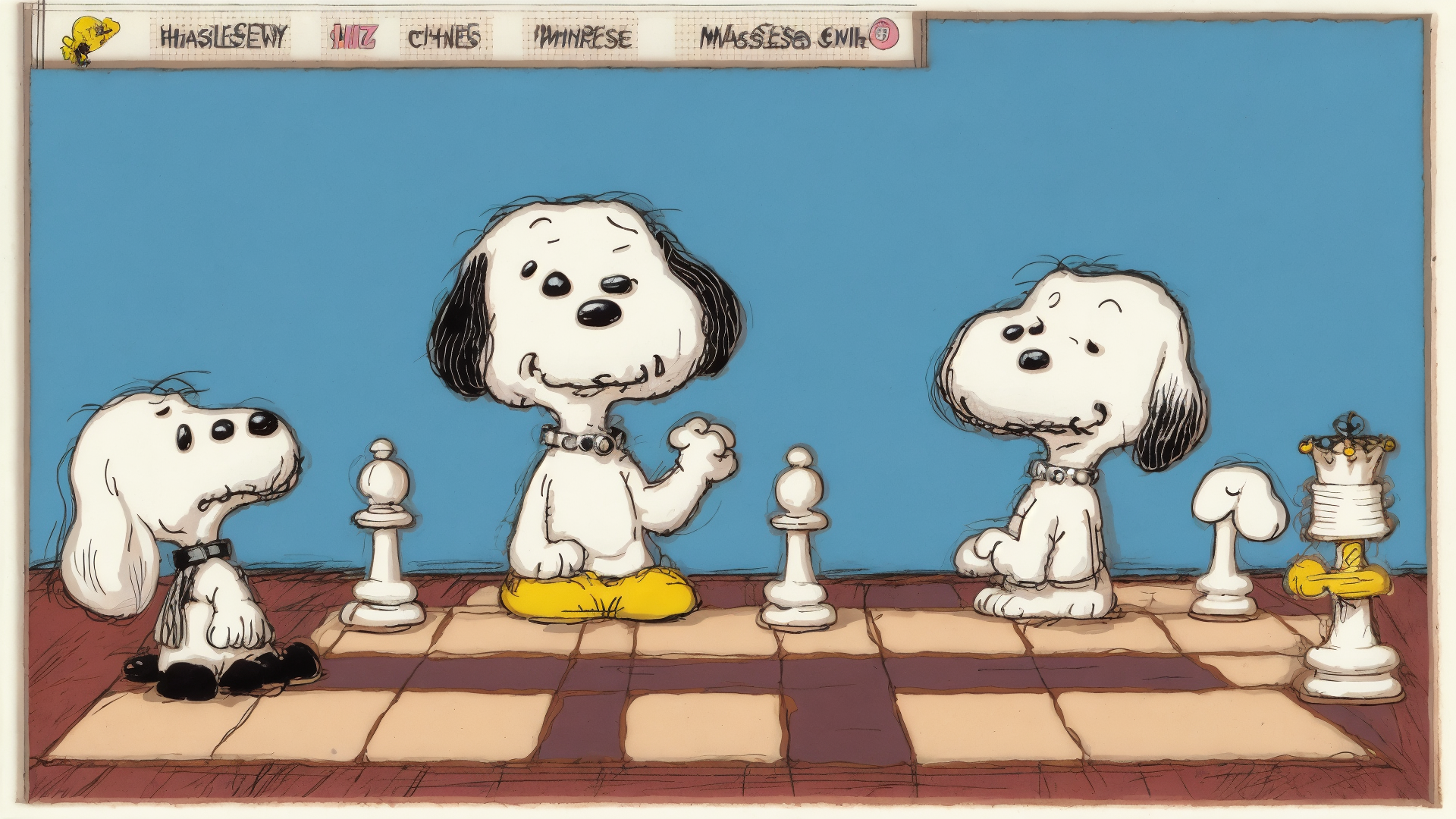 AI generated wallpaper featuring snoopy, chess pieces, dog