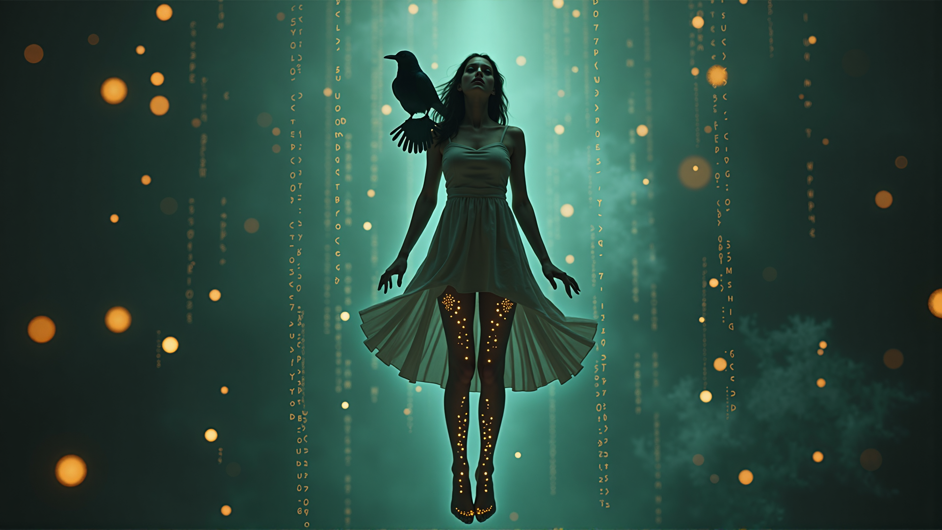 AI generated wallpaper featuring woman, crow, dress, glowing dots