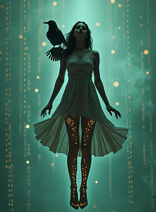 woman, crow, dress, glowing dots