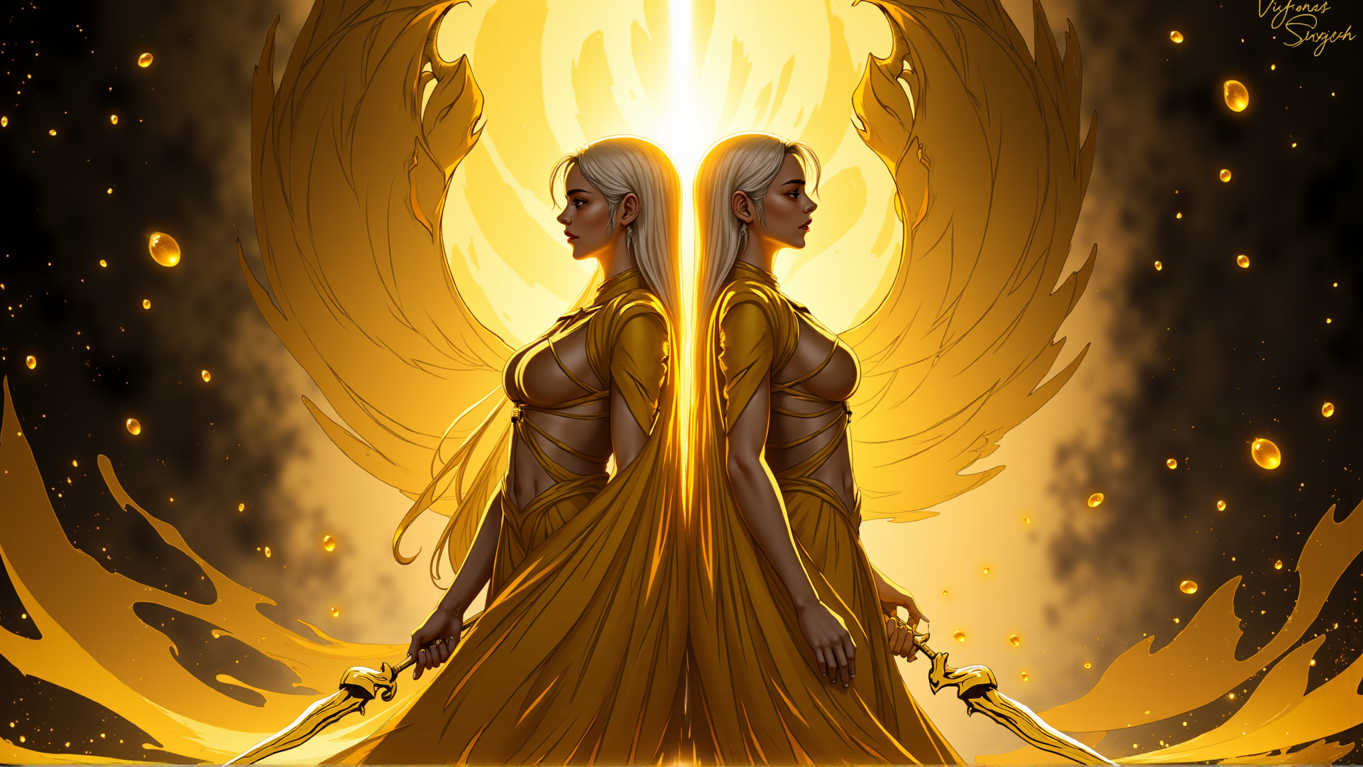 AI generated wallpaper featuring angel, woman, sword, wings, dress