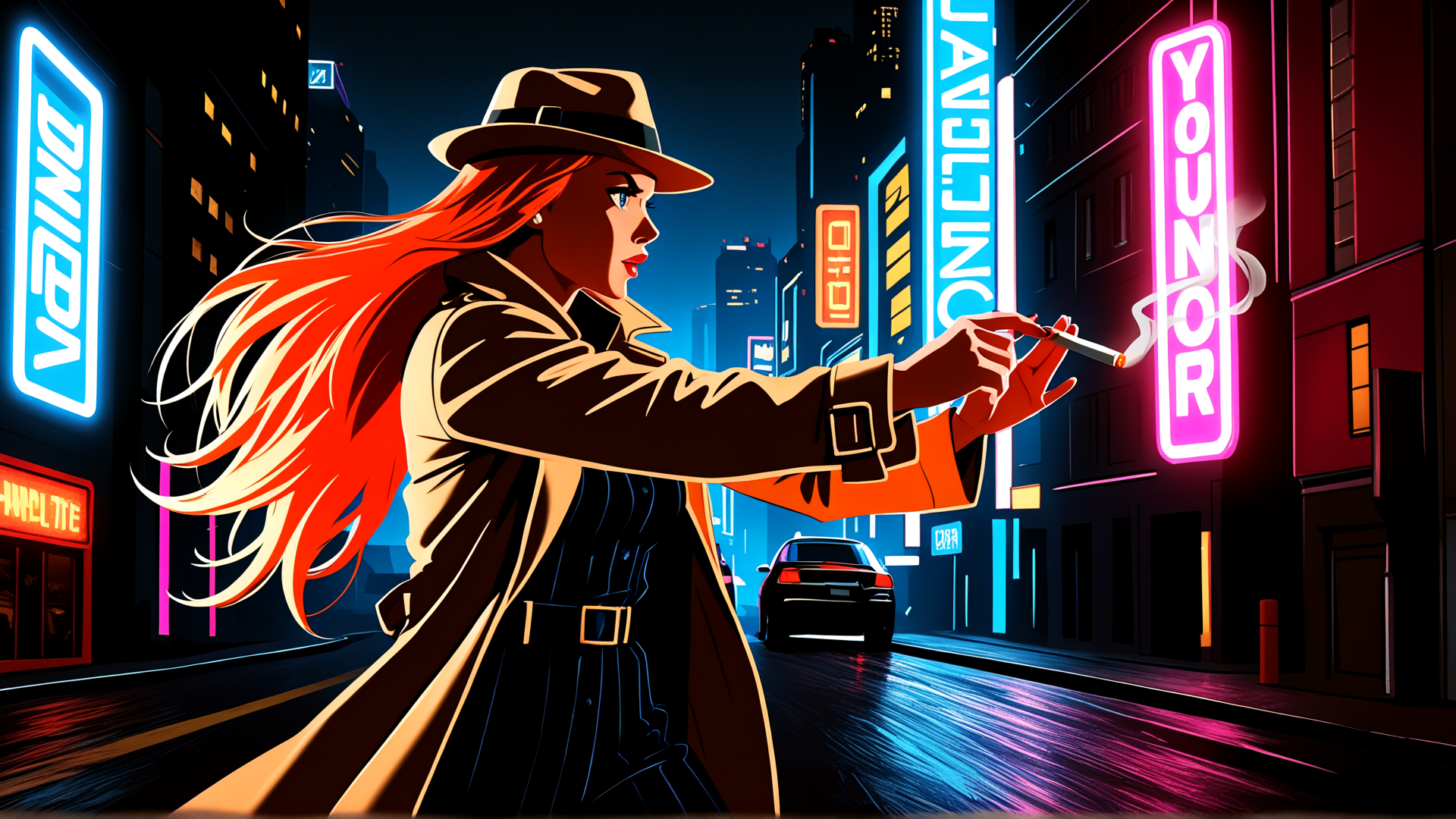 AI generated wallpaper featuring woman, city, neon, cigarette, hat, coat, car, sign, street, building