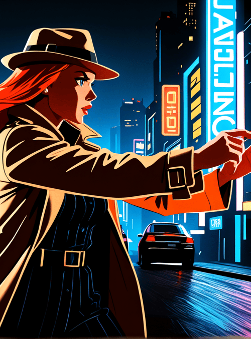 woman, city, neon, cigarette, hat, coat, car, sign, street, building