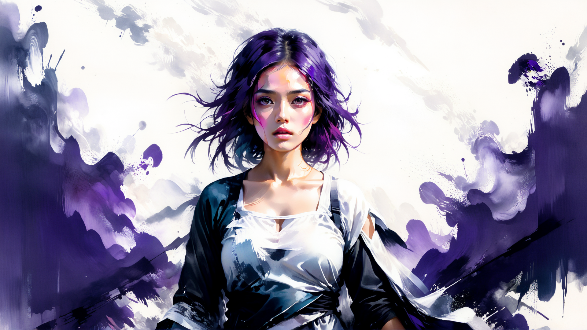 AI generated wallpaper featuring woman, purple hair, watercolor