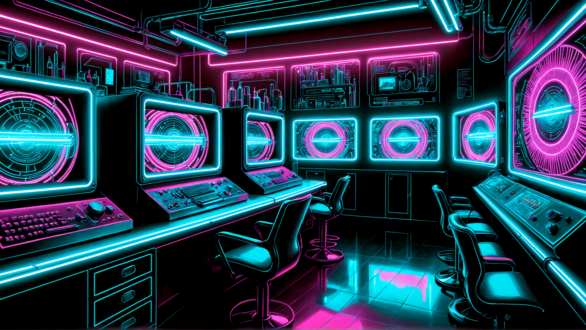 AI generated wallpaper featuring monitor, neon, desk, chair, screen, control panel, digital display, tech, room, cityscape