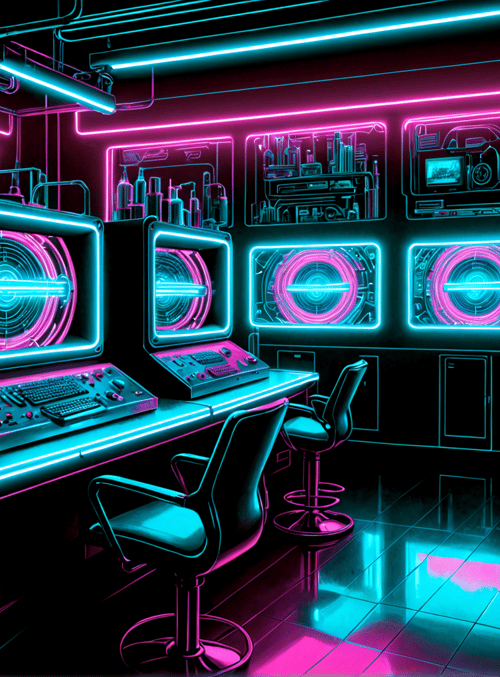 monitor, neon, desk, chair, screen, control panel, digital display, tech, room, cityscape